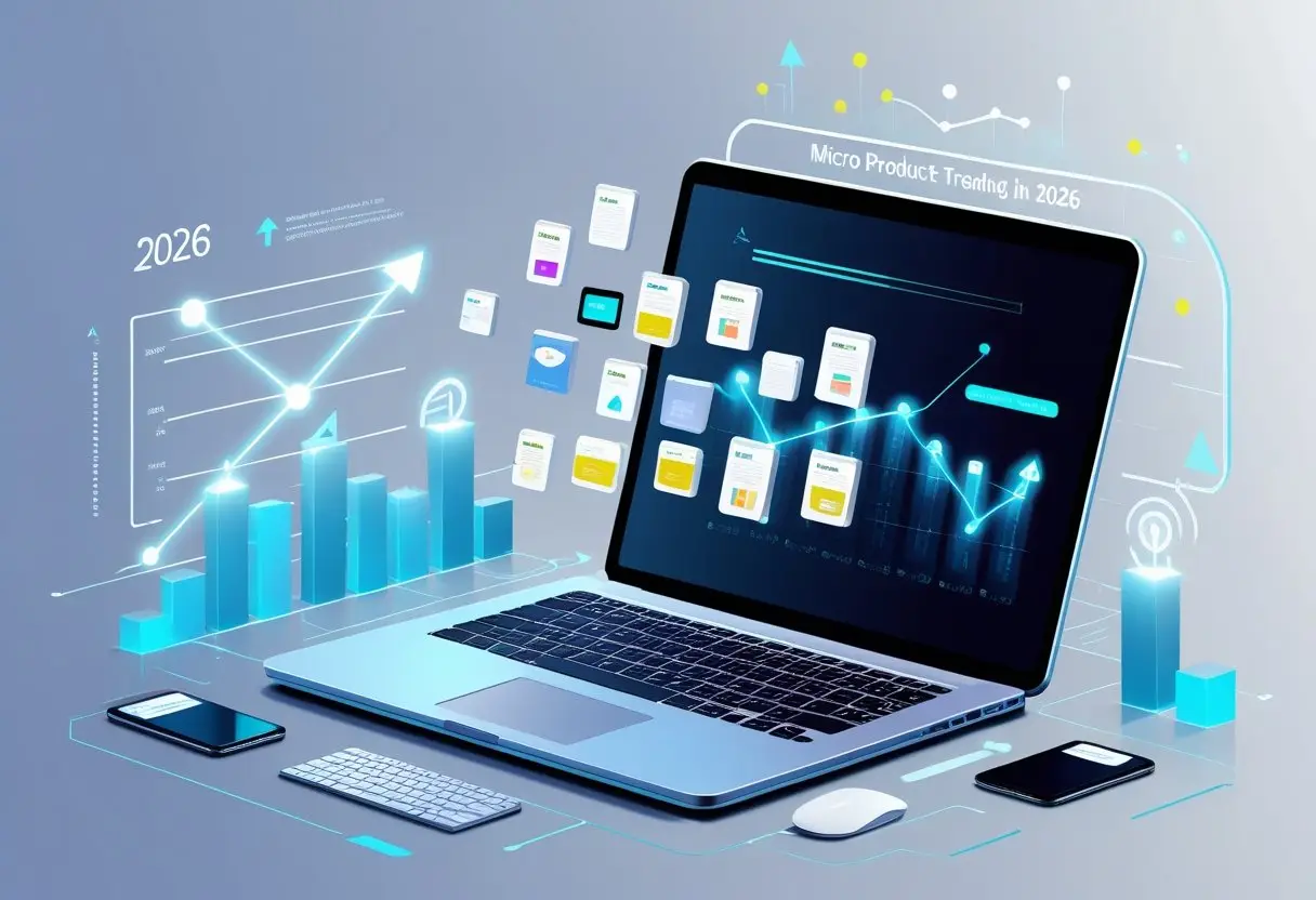 A futuristic digital workspace with a laptop displaying miniature digital ebooks and journals floating above the keyboard, surrounded by holographic charts showing growth trends.