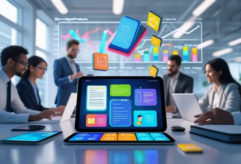 A modern office scene showing people using digital devices with floating icons of ebooks and journals above a tablet, alongside charts and graphs indicating growth.