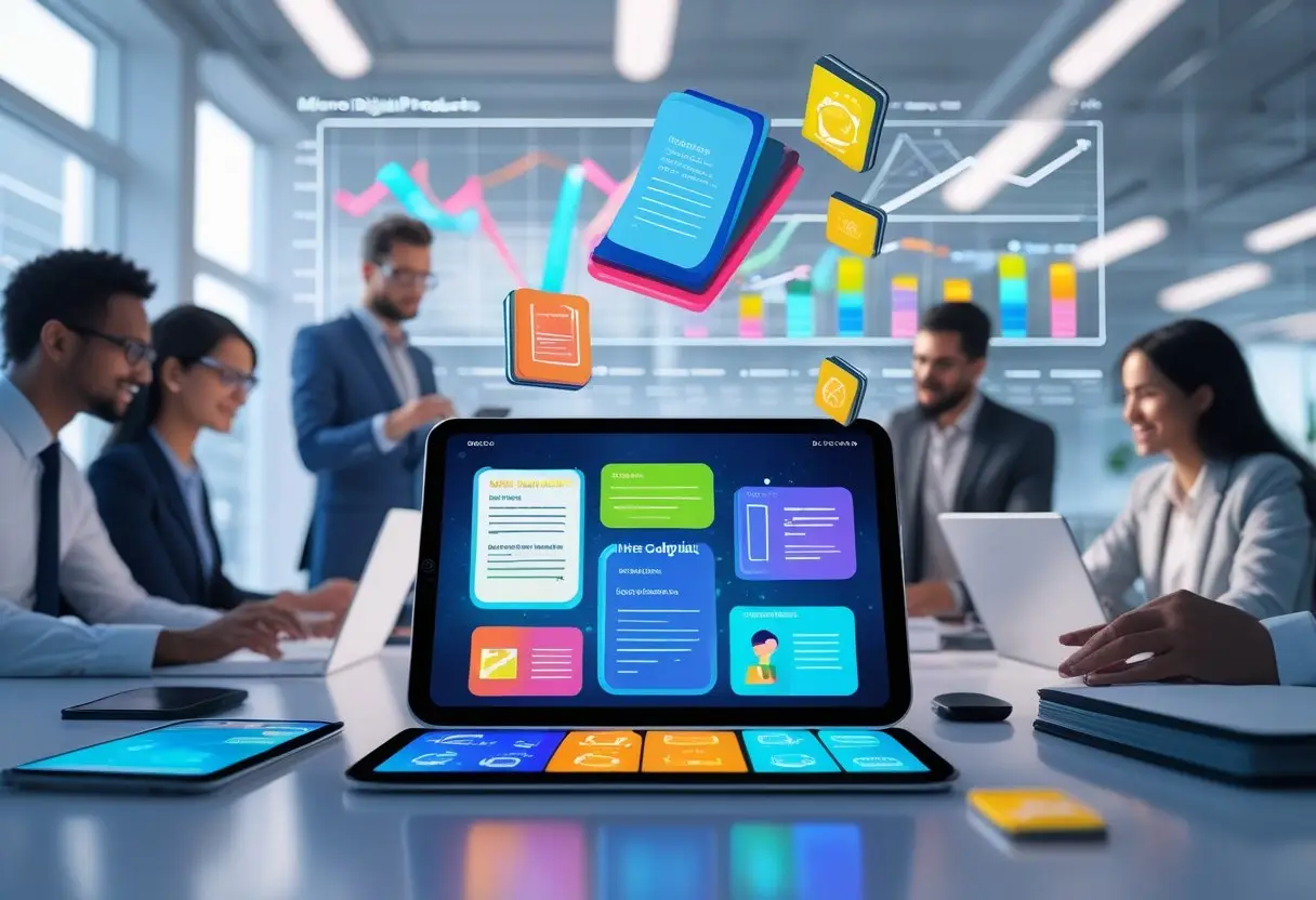 A modern office scene showing people using digital devices with floating icons of ebooks and journals above a tablet, alongside charts and graphs indicating growth.