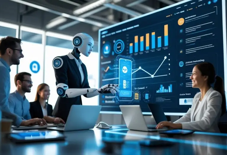 A group of professionals collaborating around a large digital screen with AI elements in a modern office setting.