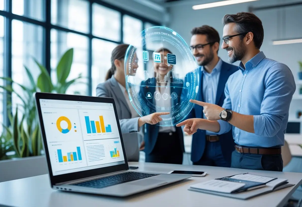 Two professionals collaborating at a modern office desk with a laptop and holographic digital marketing icons floating above, illustrating AI-powered content creation.