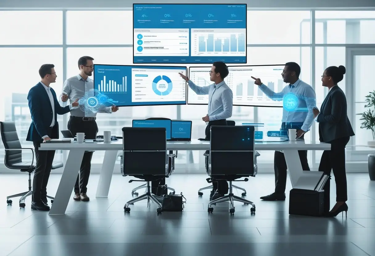 A group of professionals working together at a desk with multiple screens showing marketing data and AI tools in a bright office.