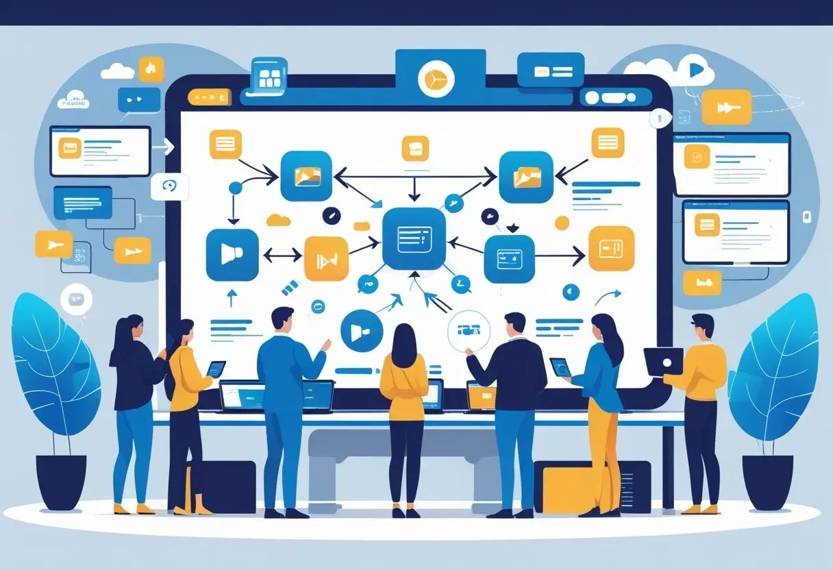 A team collaborating around a digital screen showing interconnected content icons and arrows representing the repurposing of digital content into various formats.