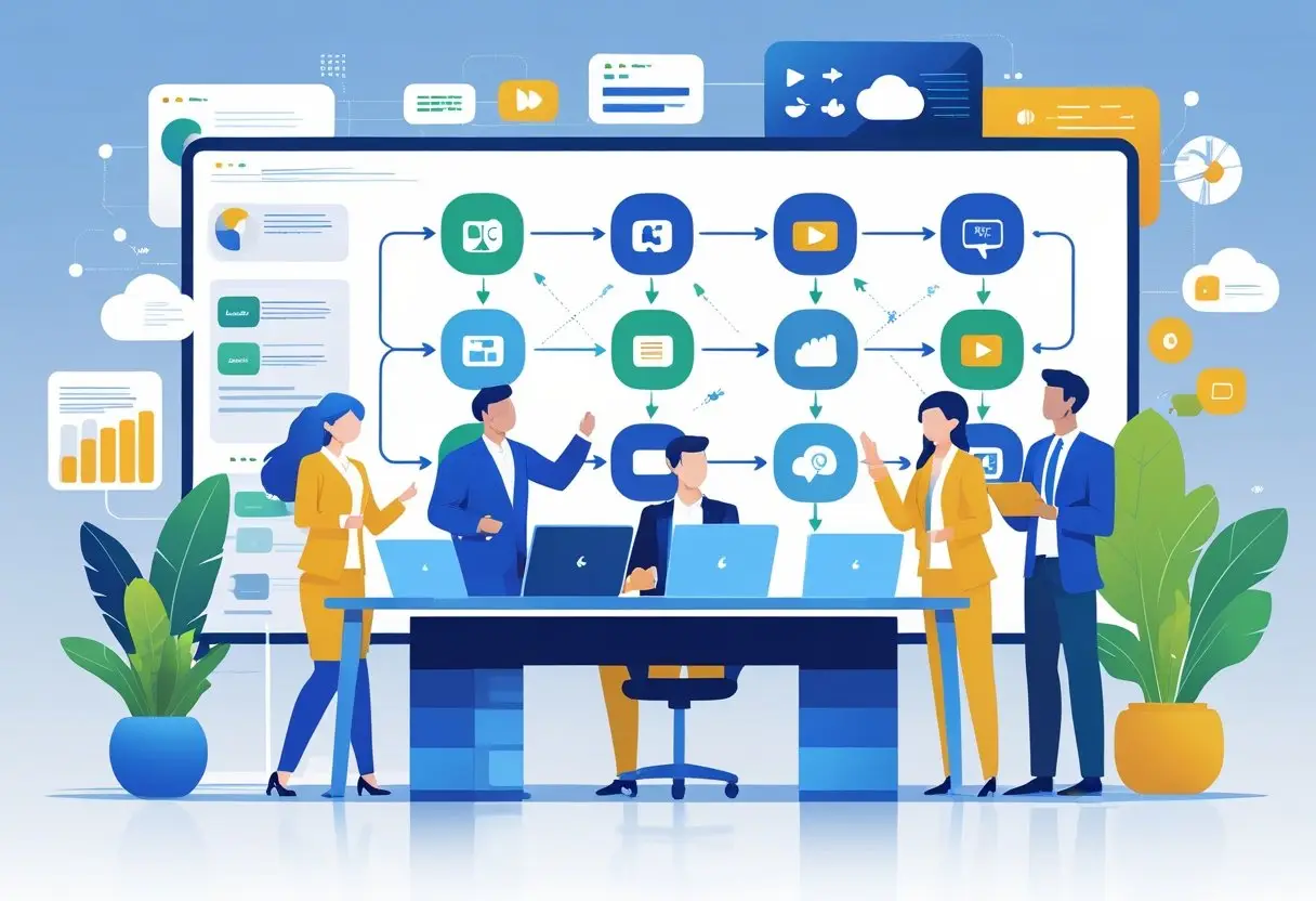 A group of professionals working together around a desk with digital screens showing different types of content connected by arrows, illustrating content transformation and strategy.