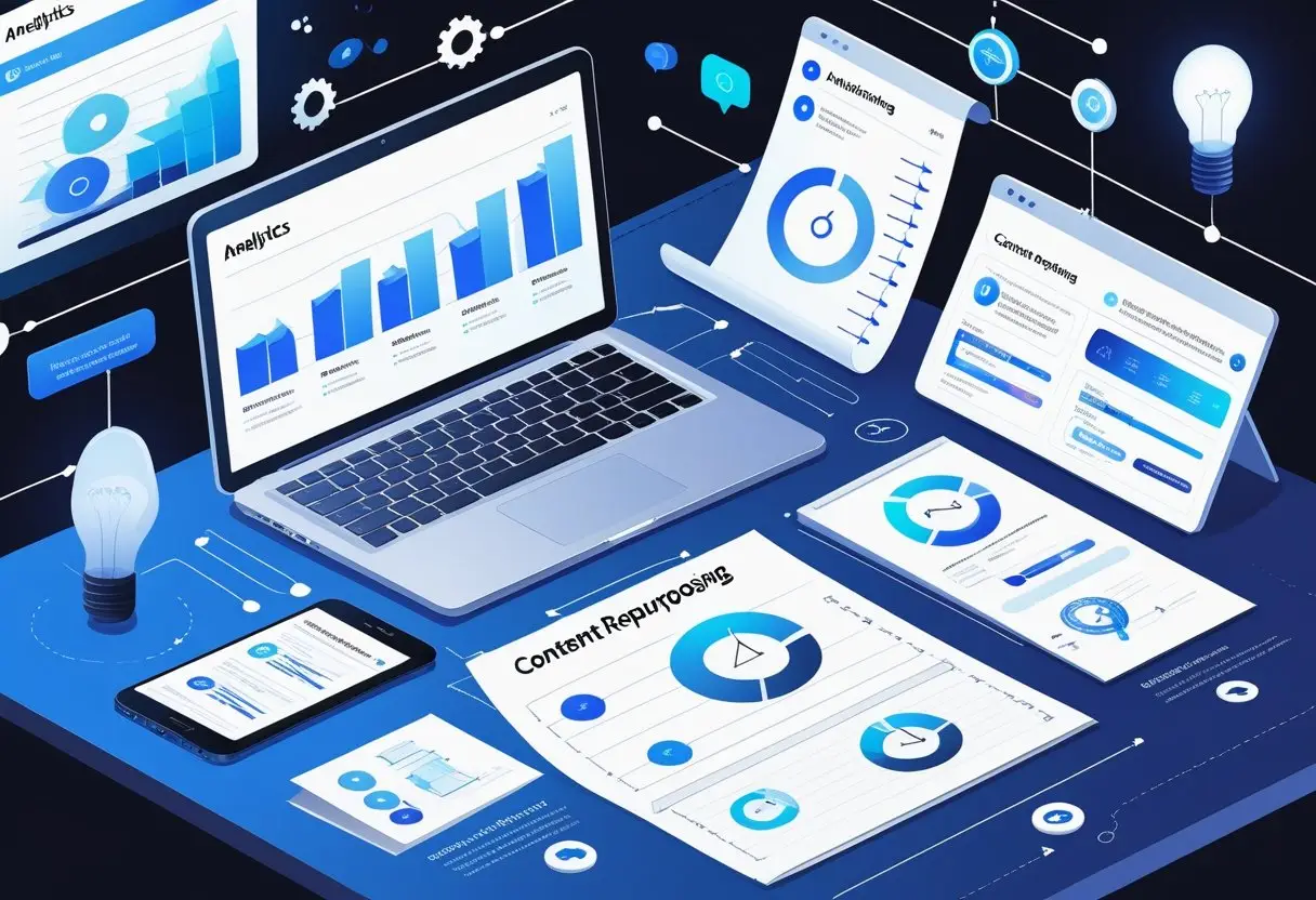 A modern workspace with digital devices showing charts and graphs alongside notes and flowcharts symbolizing content strategy and repurposing.