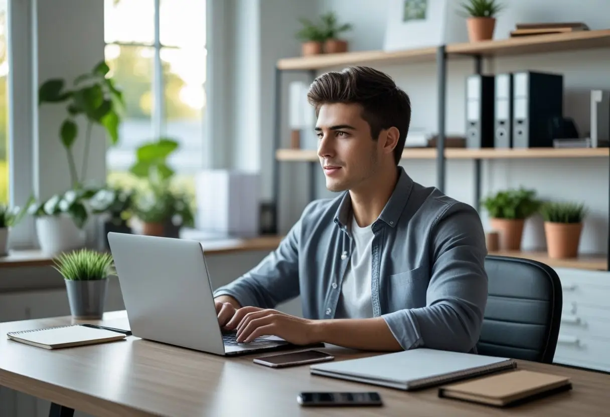 A young entrepreneur working at a home office desk with a laptop, smartphone, and notebook, surrounded by plants and shelves.