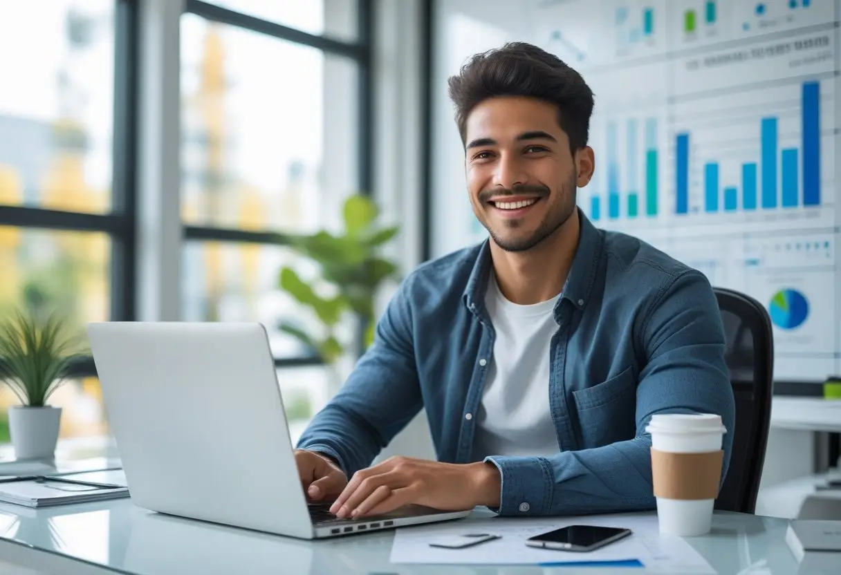 A confident young entrepreneur working on a laptop at a desk in a bright office with charts on a whiteboard behind them.