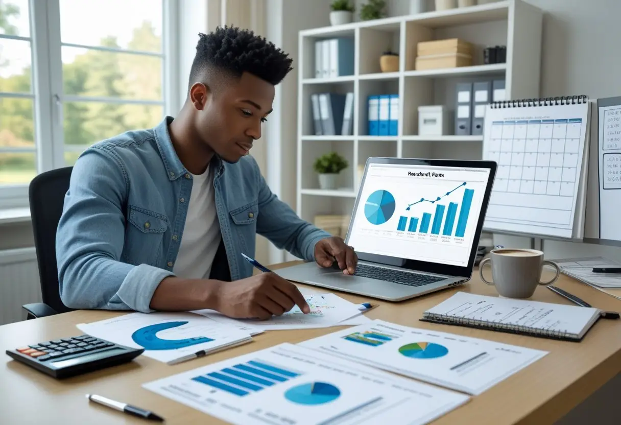 A person sitting at a desk reviewing financial documents and charts in a bright home office, preparing for a career transition.