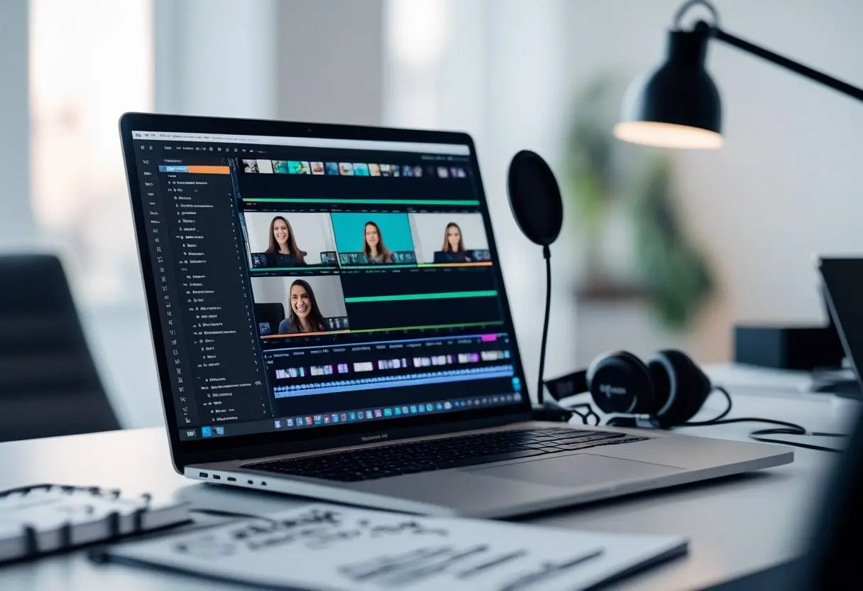 A workspace with a computer showing video editing software, headphones, a microphone, and a notepad, with no people present.