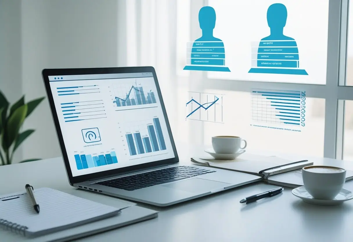 A modern workspace with a laptop showing charts, a notebook with notes, and abstract faceless human silhouettes on a screen, symbolizing faceless brands and niche selection.