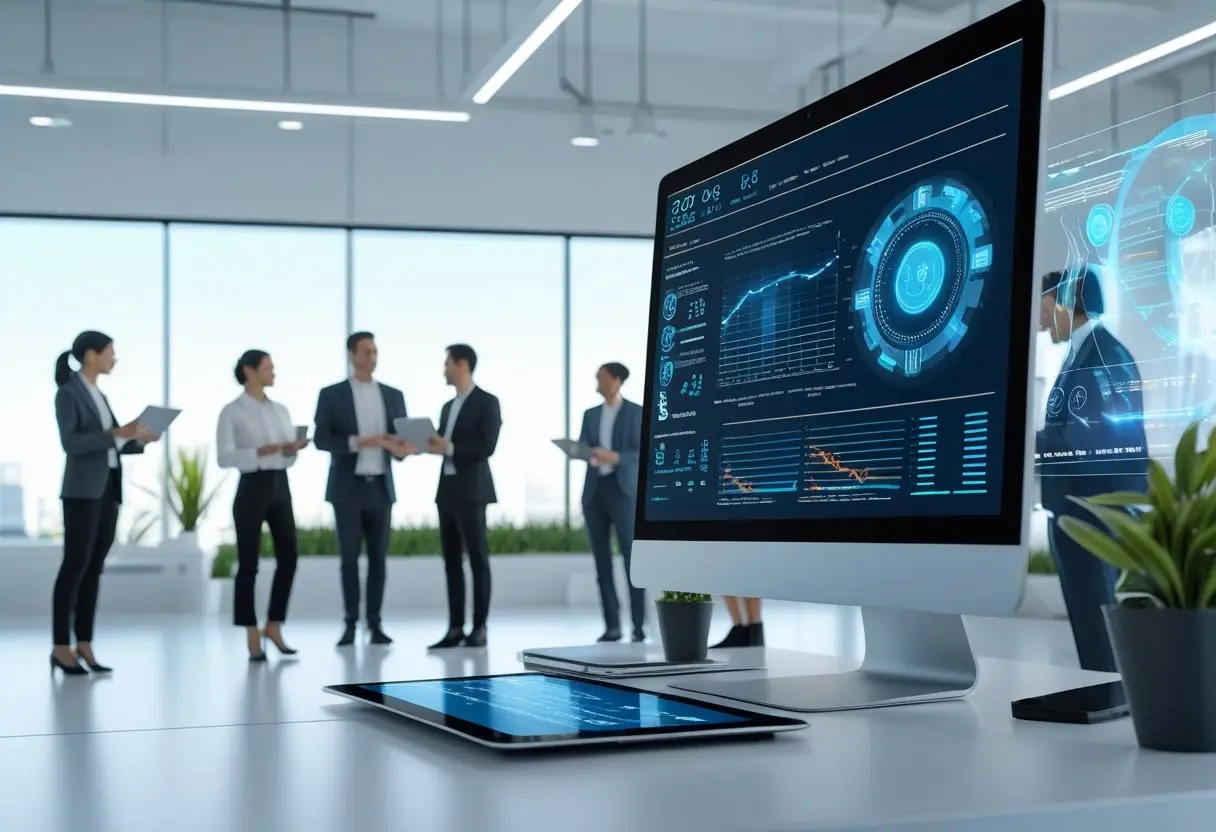 A modern office with diverse professionals working together using computers and tablets, surrounded by futuristic digital interfaces and holographic charts.