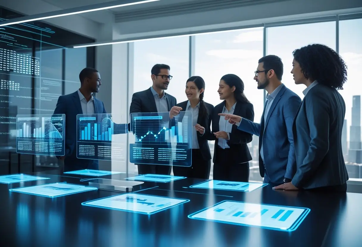 A group of professionals in a modern office interacting with holographic digital displays showing graphs and data.
