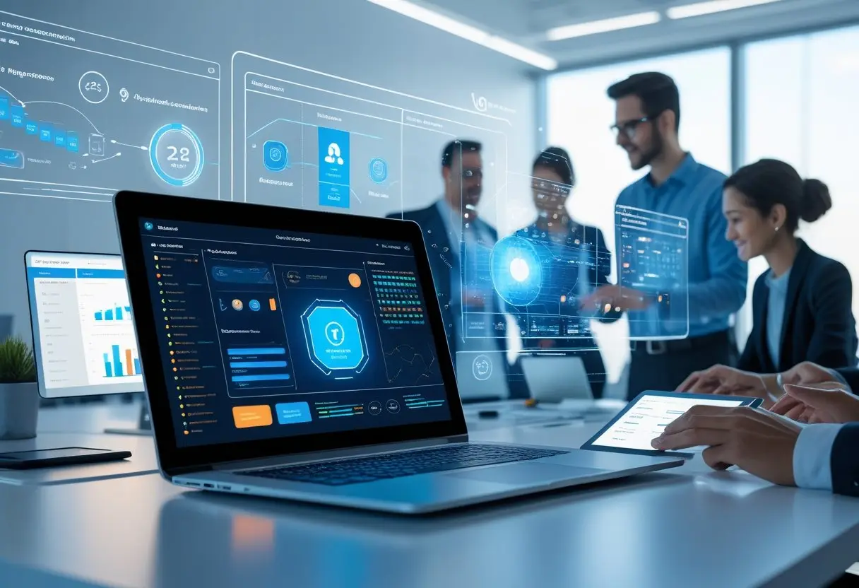 A modern office scene with professionals collaborating around a laptop displaying futuristic digital interfaces and holographic screens showing personalized data and automation workflows.