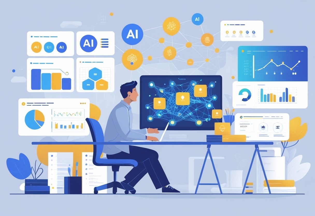 A small business owner working at a desk with a laptop showing AI graphics and digital icons, surrounded by charts and holographic data in a bright office.