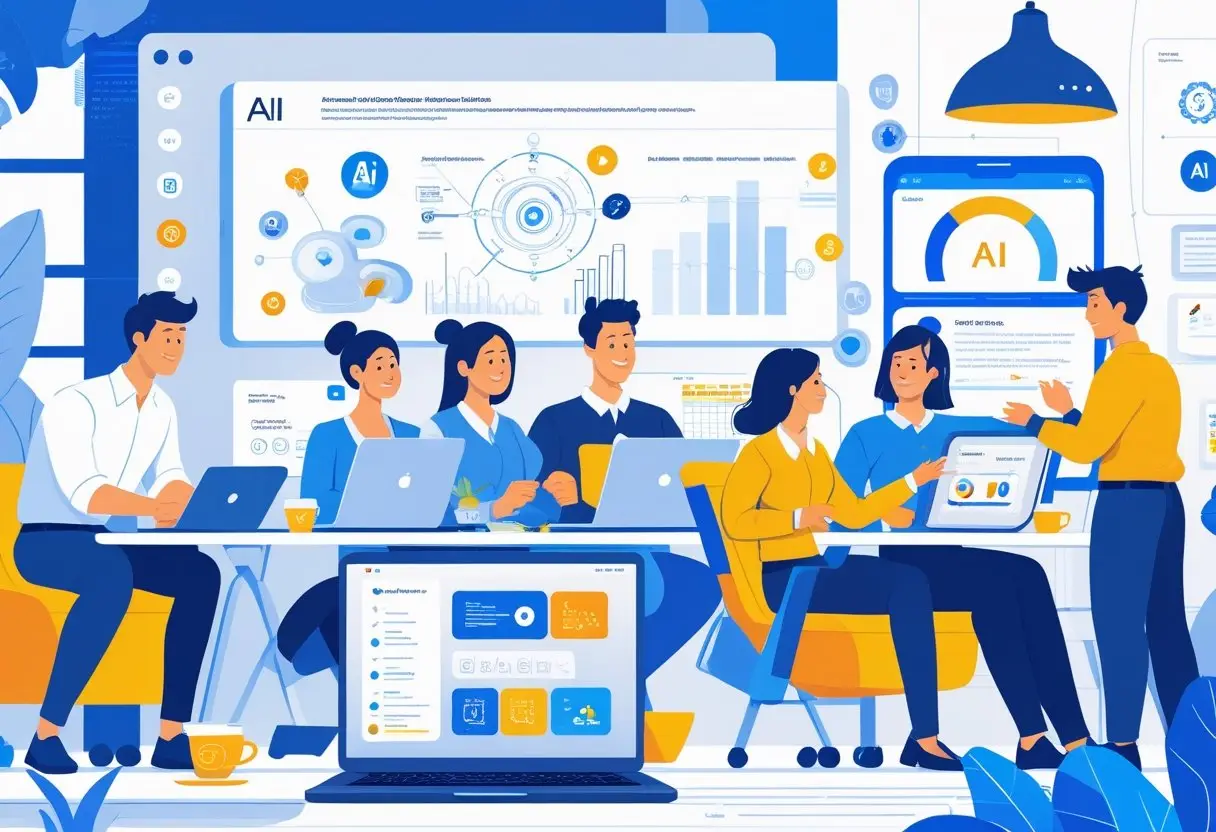 A small business office with people working together using laptops and tablets showing AI-related visuals, highlighting teamwork and technology.
