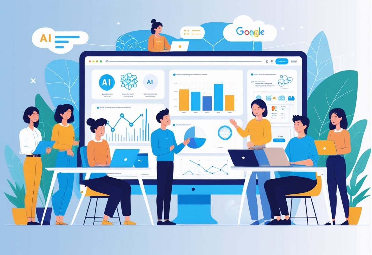 A group of small business owners and solo entrepreneurs gathered around a digital screen showing simplified AI concepts and trends in a modern workspace.