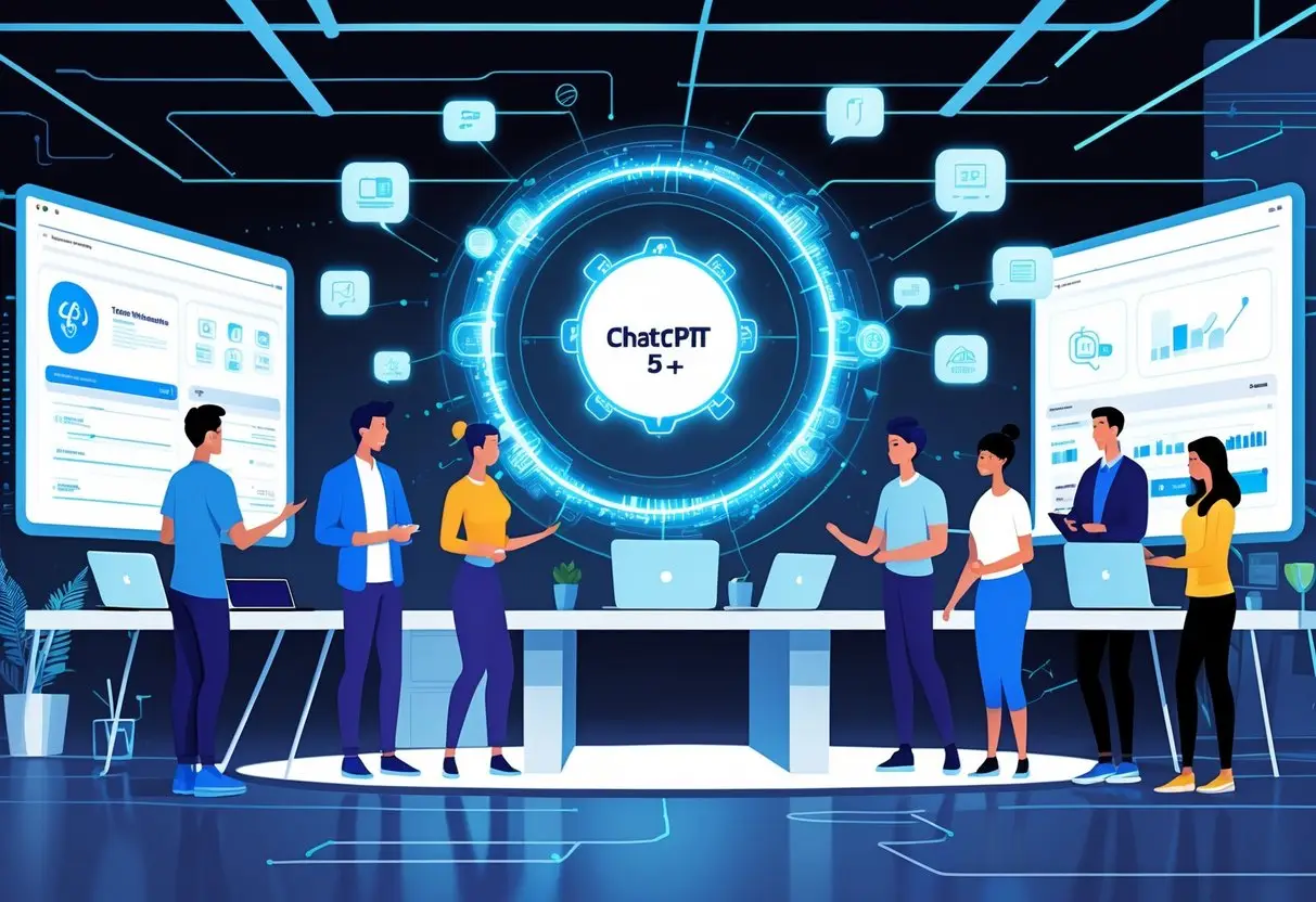 A group of people working together in a modern office with futuristic holographic AI interface and digital icons representing different ways to make money.