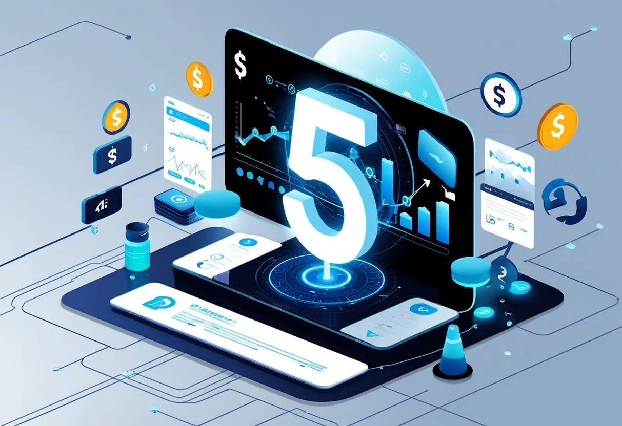 A futuristic digital interface showing AI technology with icons representing money, graphs, and networking to illustrate creating income streams using advanced AI.