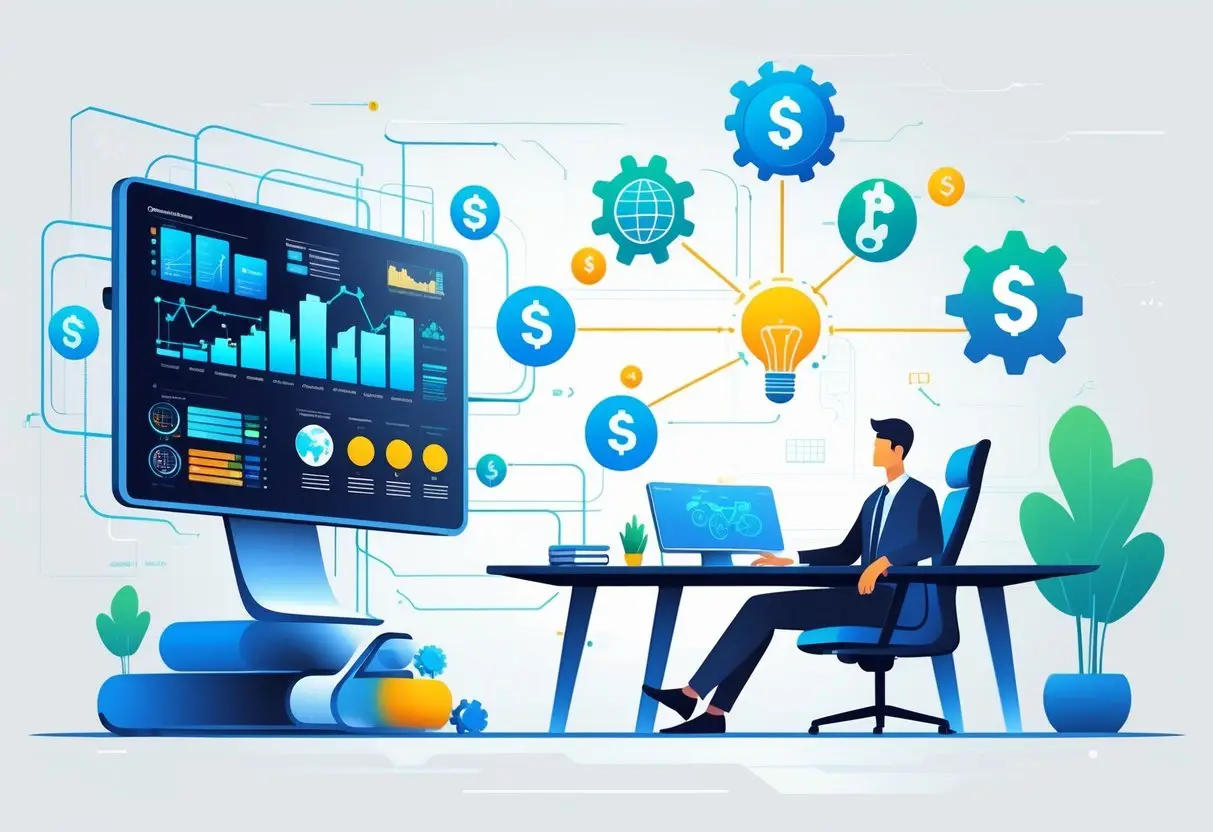 A businessperson at a desk with a futuristic computer screen, surrounded by glowing lines connecting to icons representing different income sources.