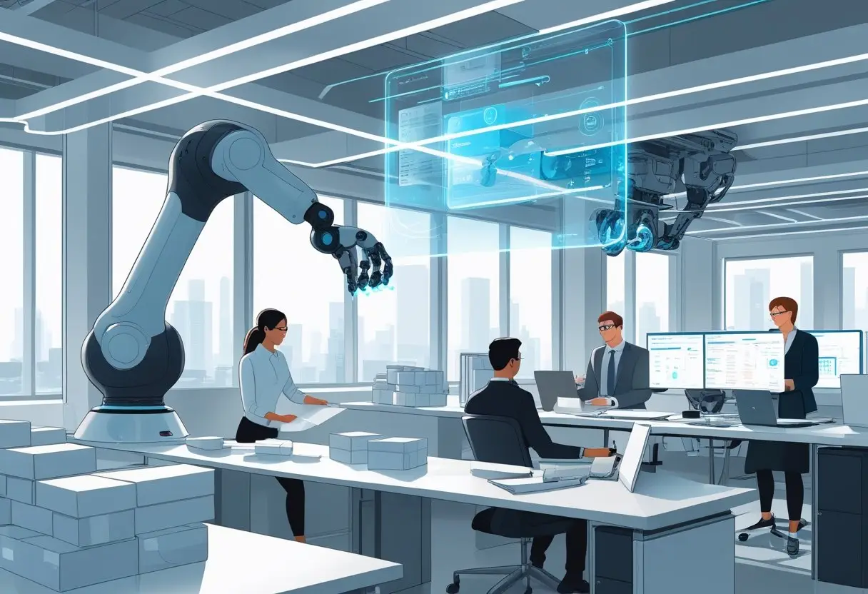 A modern office with professionals working alongside robotic arms handling packages carefully, surrounded by transparent digital displays.