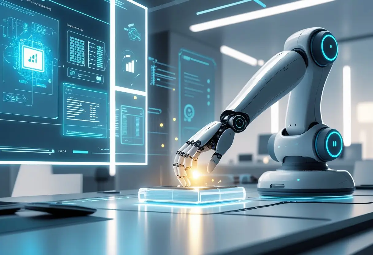 A robotic arm carefully interacting with floating digital screens in a modern workspace filled with advanced technology and glowing data displays.