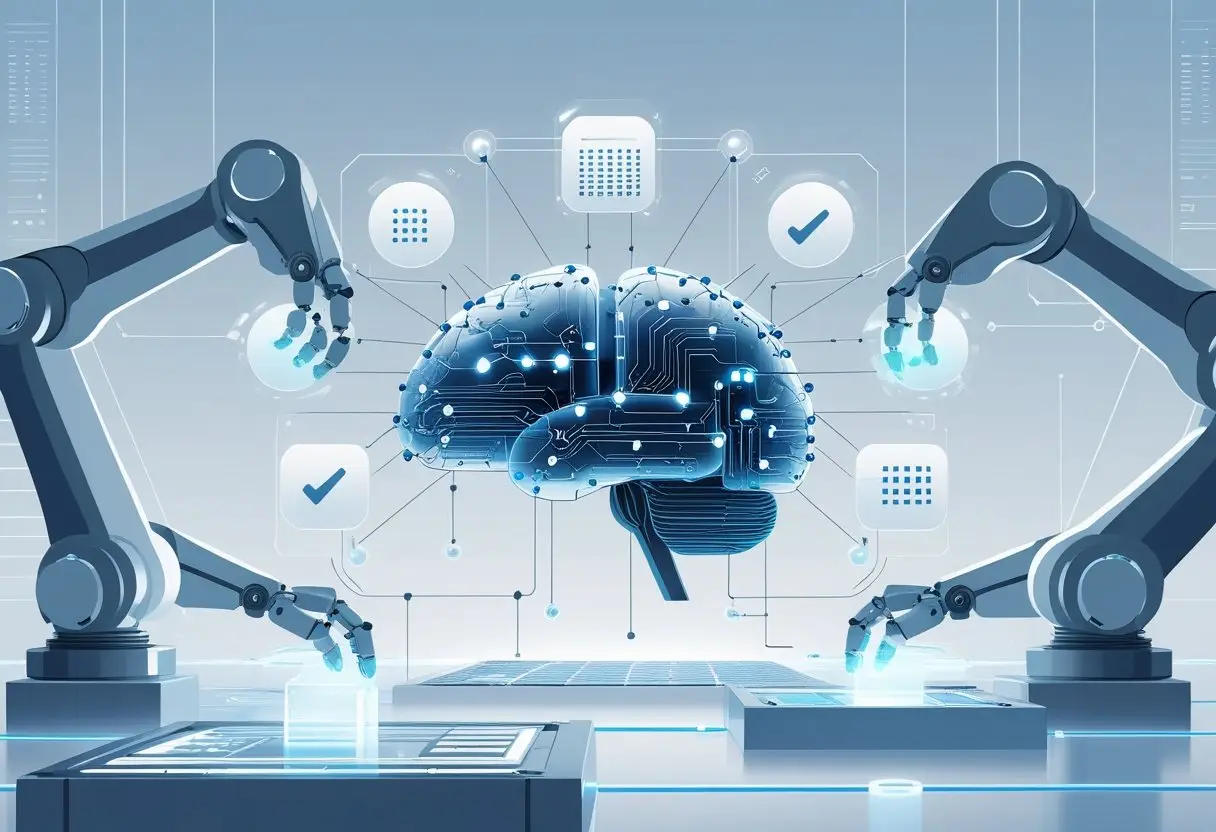 A digital brain made of interconnected circuits surrounded by data streams, robotic arms gently handling glowing objects, set against a clean background with geometric patterns.